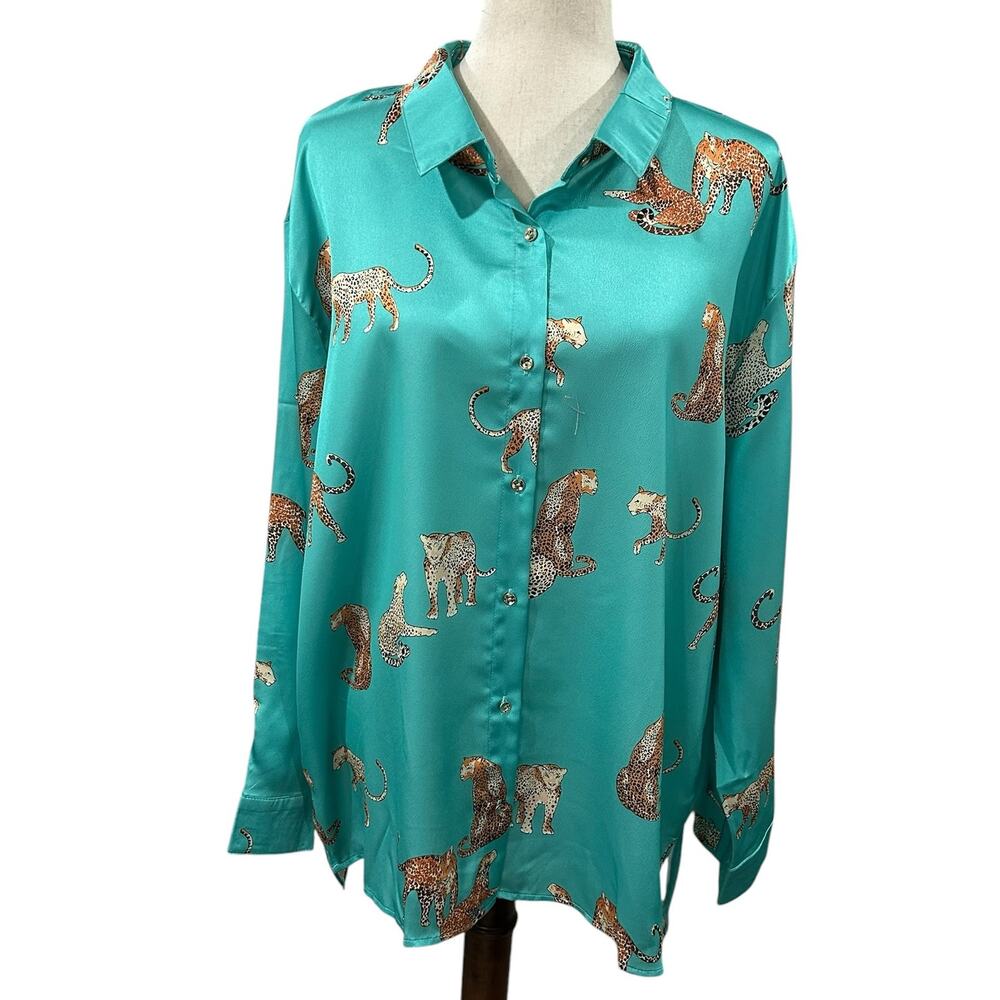 NEW Umgee+ Teal Button Front Shirt Cheetah Leopard Print Long Sleeves Size XL